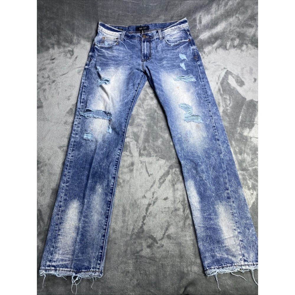 AKOO No Rivals Jeans Mens 36 x 33 Blue Straight Leg Distressed Spotted Y2K